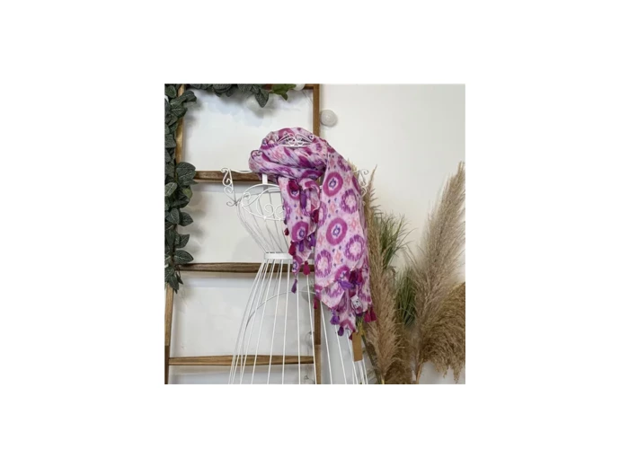 Foulard Coloré Avec Pompons – Mélange De Matières, Rose Et Multicolore