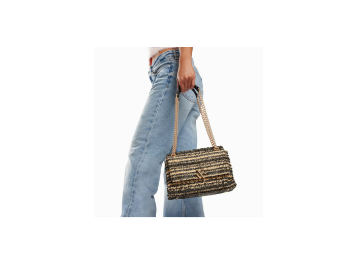 Sac à main noir et beige à chaîne Naomi Vanessa Wu La - Main Image