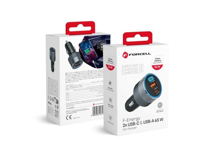 FORCELL F-ENERGY Alu chargeur de voiture 2 x Type C + USB A PD QC4.0 SFC2.0 4.5A 65W gris