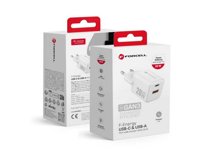 FORCELL F-ENERGY Mini chargeur blanc compacte GaN3 20W USB-C USB-A