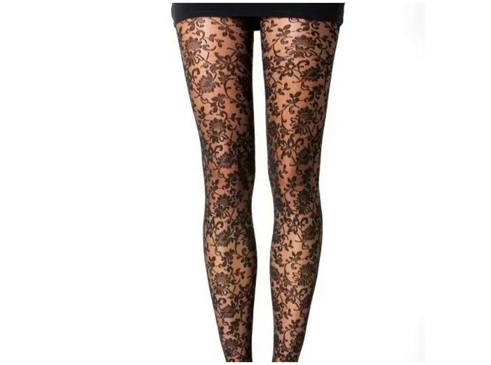 V341- Collant imprimé floral (tu) (noir)