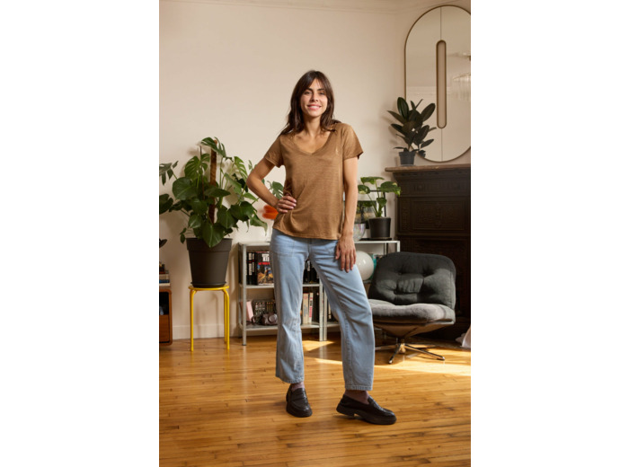 T shirt en lin femme - bronze - col V