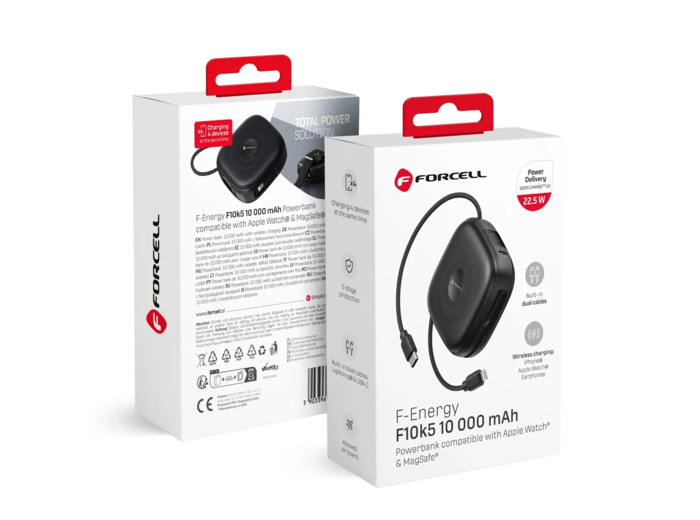 FORCELL F-ENERGY Batterie externe USB-C Lightning noire compatible MagSafe 3A 22,5W 10000 mAh