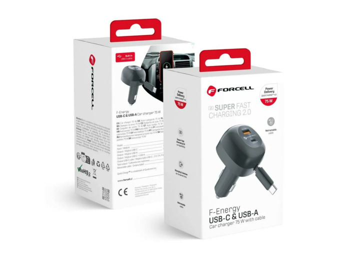 FORCELLE F-Energy Adaptateur allume cigare USB-C + USB-A + Câble rétractable USB-C 75W