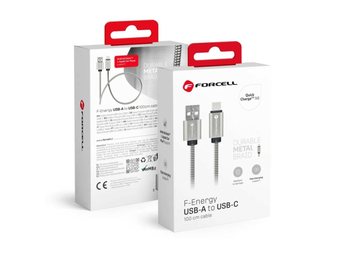 FORCELL F-ENERGY Câble métal charge rapide USB-C vers USB-A 2,4A 12W 1m