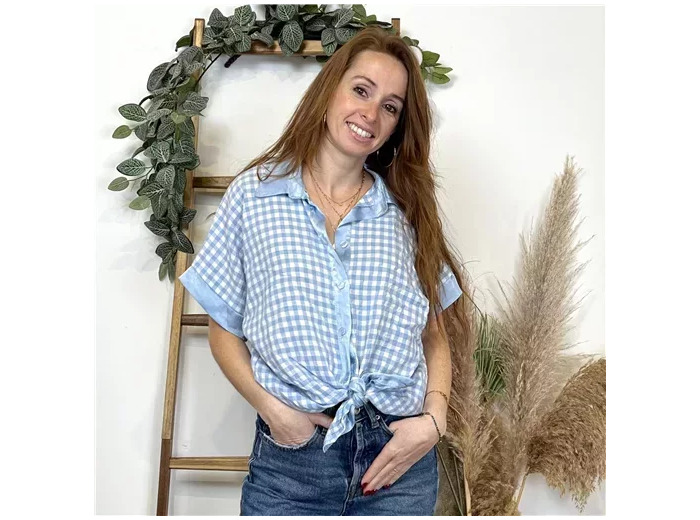 K495- Chemise à nouer Vichy (Tu) (bleu ciel)