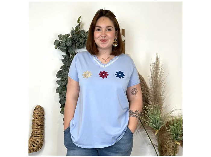 L477- T-Shirt fleurs C'Mélodie (Gt) 🇮🇹 (bleu ciel)