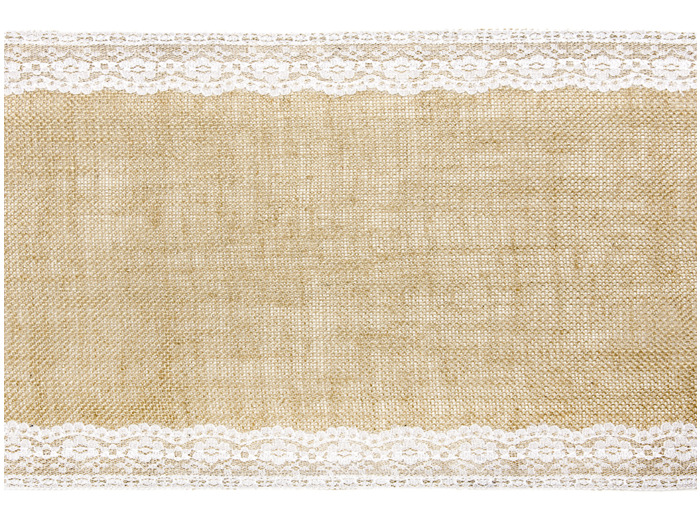 CHEMIN DE TABLE JUTE AVEC DENTELLE 28CM X 2,75M ROULEAU MARRON NATUREL / BLANC