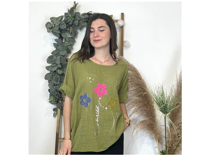 L467- Tunique 3 Fleurs Happy (Tu) 🇮🇹 (vert olive)