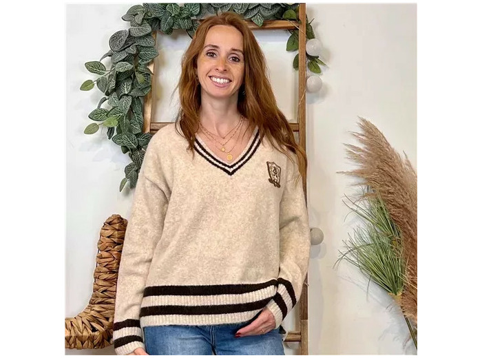 K069- Pull "R" Version Féminin (Tu) (beige)