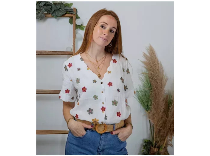 K303- Chemise Coton col dentellé (T36-T40) (blanc)