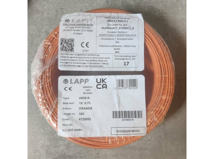 Lapp - 4725092 Fil d'accrochage, Sans halogène, 20 AWG/1C, 500V, - 100m