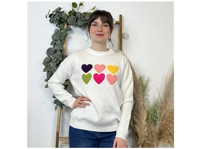 K551- Pull Coeurs "Version Féminin" (Tu) (ecru)