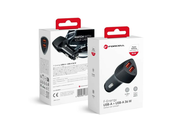 FORCELL CARBON chargeur voiture USB QC 3.0 18W + USB QC 3.0 18W CC50-2A36W noir (Total 36W)
