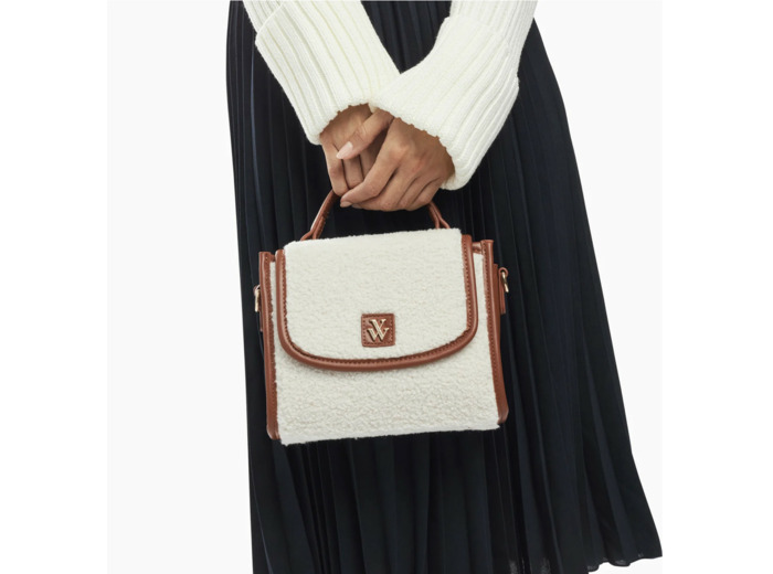 Mini sac à main ivoire et camel en faux shearling - Victoria - Vanessa Wu