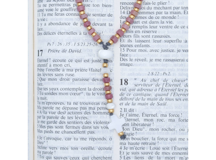 Chapelet de téléphone rhodonite, nacre et perles de verre Miyuki or