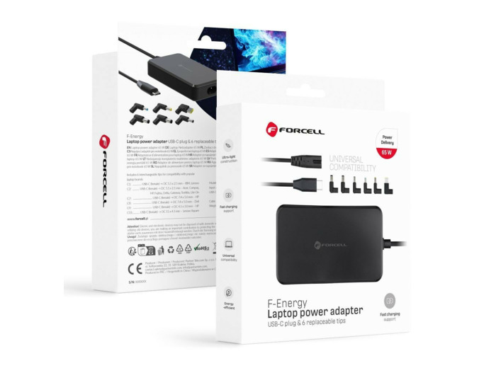 FORCELL F-ENERGY Chargeur universel pour ordinateur portable + 6 adaptateurs 65W