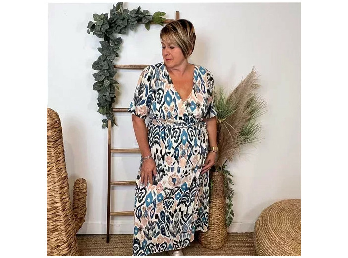 M374- Robe By-One imprimé éthnique (T36-T48) (bleu indigo)