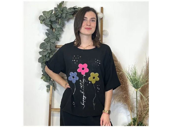 L467- Tunique 3 Fleurs Happy (Tu) 🇮🇹 (noir)