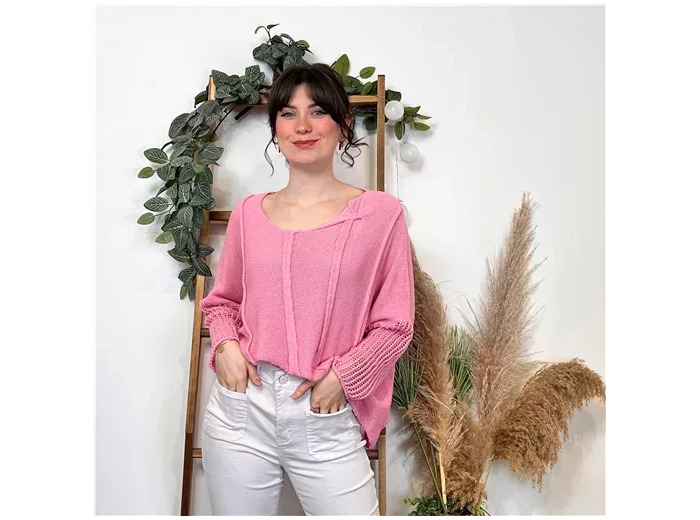 K376- Pull Crop-Top déstructuté(Tu) (rose bébé)