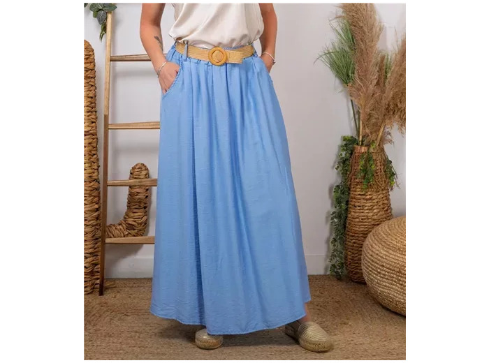 L732- Jupe longue ceinture (Tu) 🇮🇹 (bleu ciel)