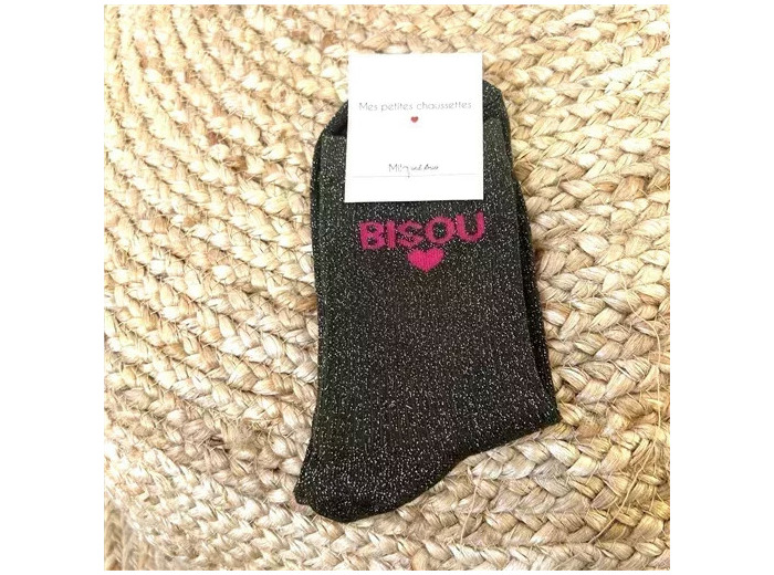 V317- Chaussettes paillettes "Bisou" (kaki)