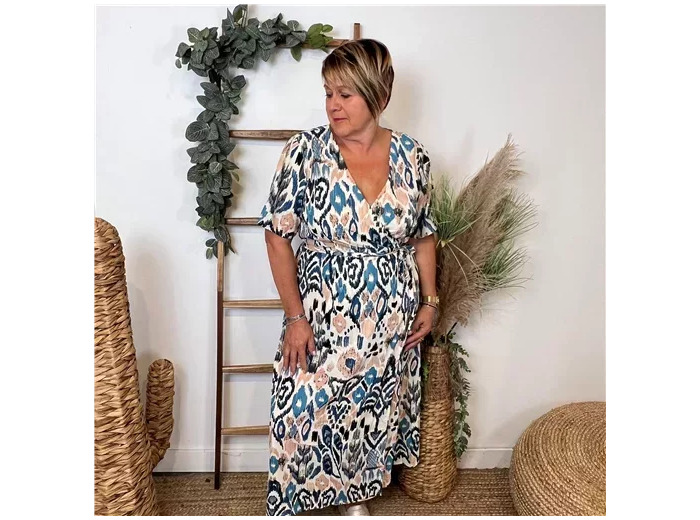 M374- Robe By-One imprimé éthnique (T36-T48) (bleu indigo)