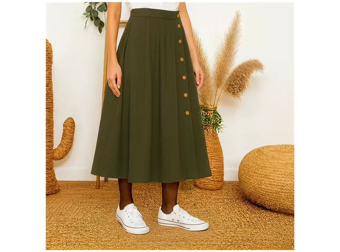 L728- Jupe boutonnée coton « Maëlle » (T36-T38) (kaki)