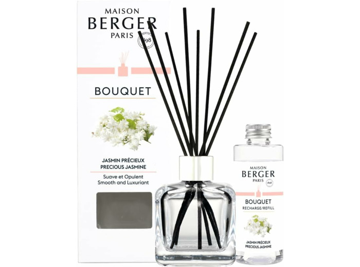MAISON BERGER - Bouquet Parfumé - Modele Glaçon Transparent - 6 Brins Noirs - 21 cm - Recharge de 100 millilitres Incluse - Durée de Diffusion 4 à 6 semaines (Jasmin Précieux)