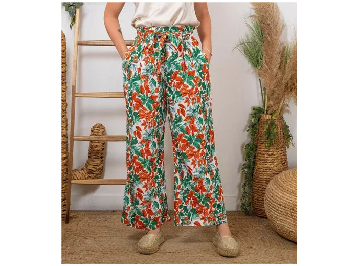 L787- Pantalon Flou "Feuilles"(T36-T40) (rouge)