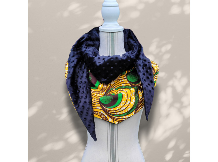 Chèche "Reykjavik" en wax orange et vert et polaire réversible