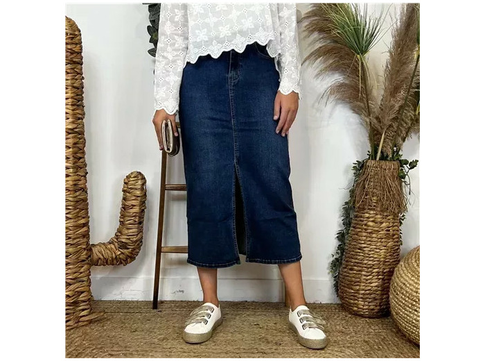 L739- Jupe en jean longue (T36-T44) (denim foncé)