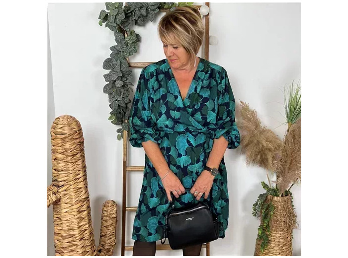 M326- Robe By One imprimé gingko (T40-T48) (marine)