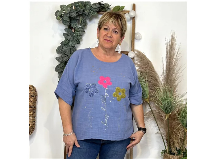 L467- Tunique 3 Fleurs Happy (Tu) 🇮🇹 (bleu indigo)