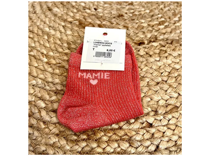 V328- Chaussettes paillettes "Mamie" (corail)