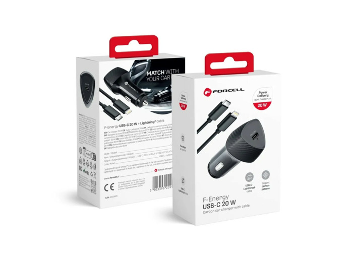 FORCELL CARBON chargeur de voiture Type C 3.0 PD20W + câble pour Apple Lightning 8-pin PD20W