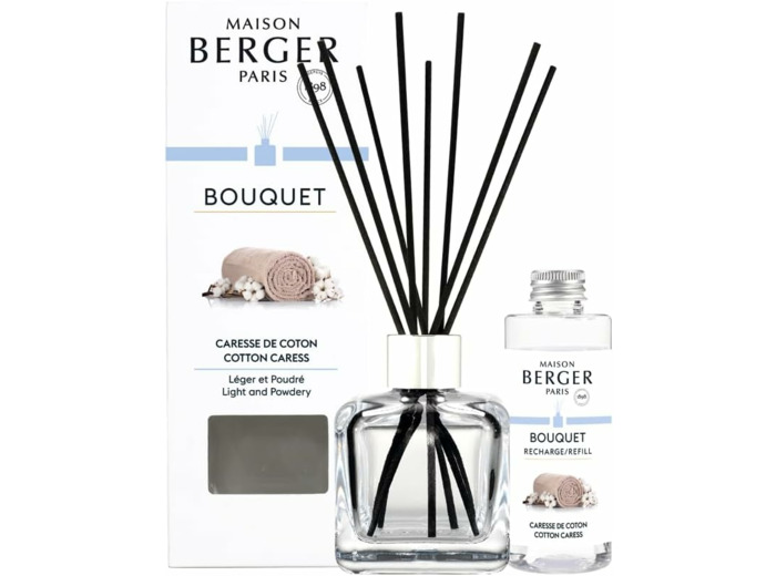 MAISON BERGER - Bouquet Parfumé - Modele Glaçon Transparent - 6 Brins Noirs - 21 cm - Recharge de 100 millilitres Incluse - Durée de Diffusion 4 à 6 semaines (Caresse de Coton)