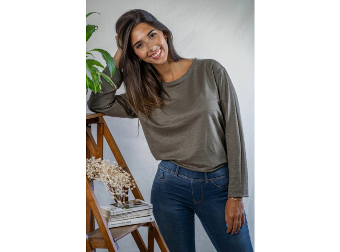 T shirt manches longues en lin bio femme - kaki
