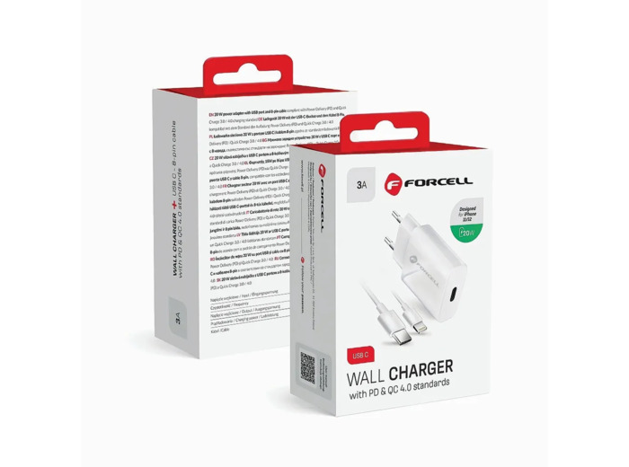 FORCELL F-ENERGY Chargeur secteur 20W USB-C + câble USB-C vers Lightning 1,2m