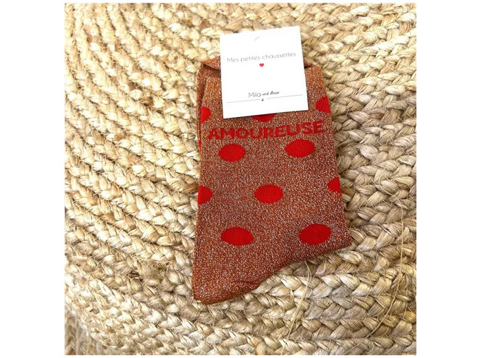 V313- Chaussettes paillettes "Amoureuse" (rouille)