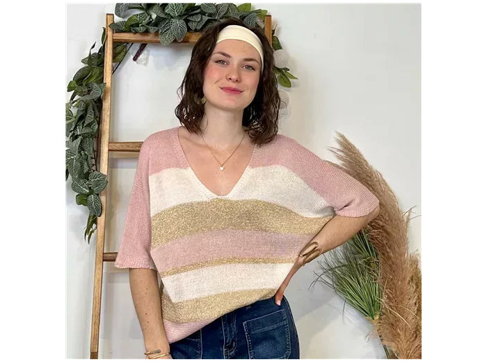 K120- Pull rayé Lurex (Tu) 🇮🇹 (rose poudré)