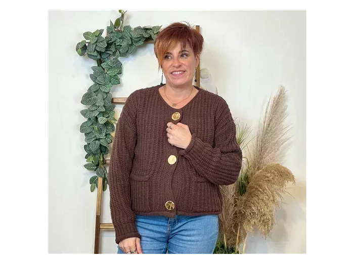 K678- Gilet Grosse Maille bouton doré (Tu) (marron)