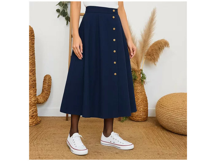 L728- Jupe boutonnée coton « Maëlle » (T36-T38) (marine)