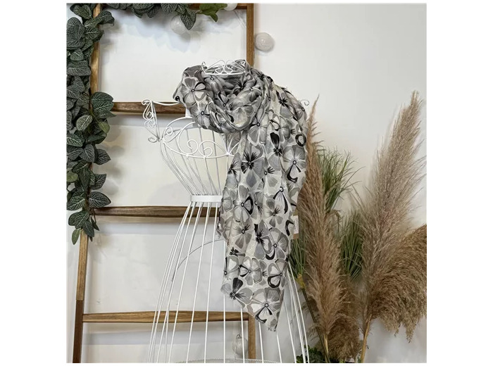 Y530- Foulard Fleurs à détails dorés (gris)