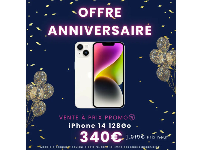 OFFRE 10 ANS - iPhone 14 128Go d'occasion à seulement 340€