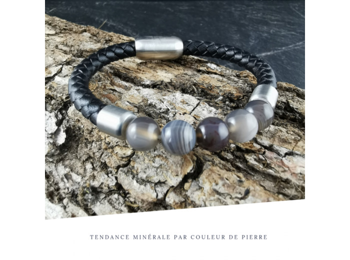 Bracelet Homme Cuir Simple Agate du Botswana