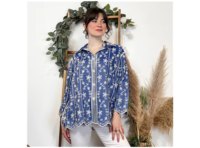 K401- Chemise brodée coton (Tu) 🇮🇹 (bleu jeans)