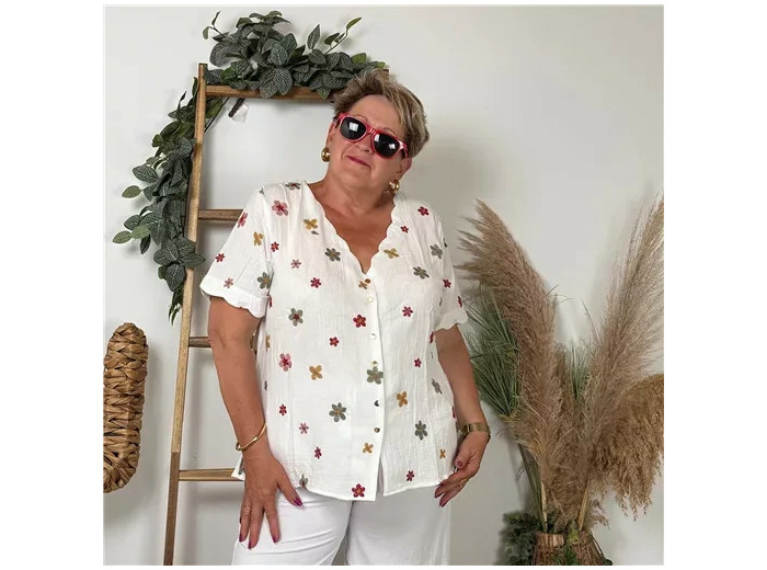 K303- Chemise Coton col dentellé (T40-T48) (blanc)