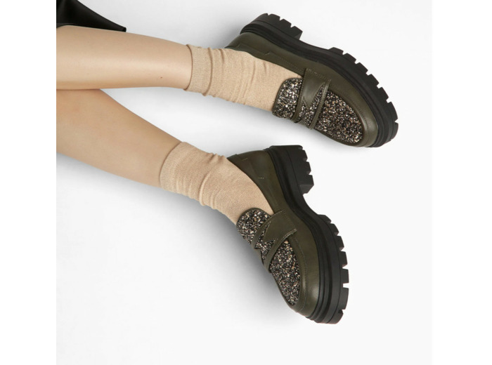 Mocassins kaki à paillettes et plateforme- Cécile  - Vanessa Wu