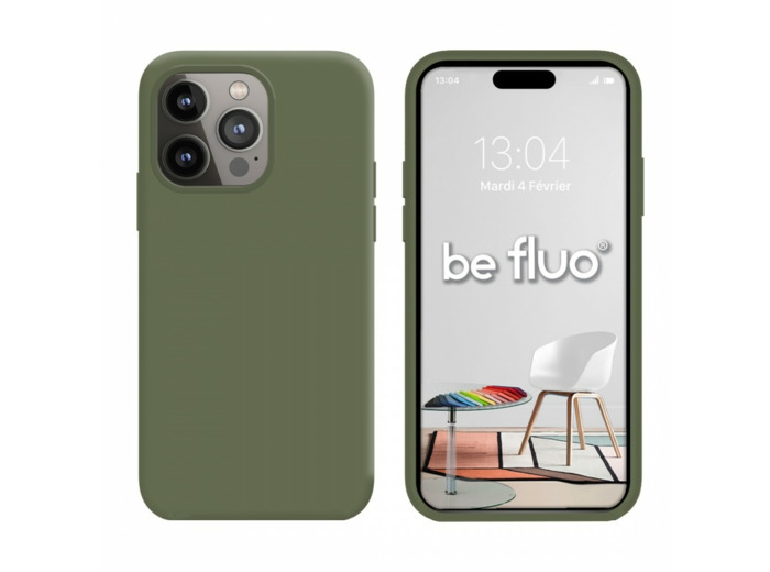 Coque Silicone Moxie BeFluo Fine et Légère pour iPhone 14 Pro Max, Intérieur Microfibre - Kaki